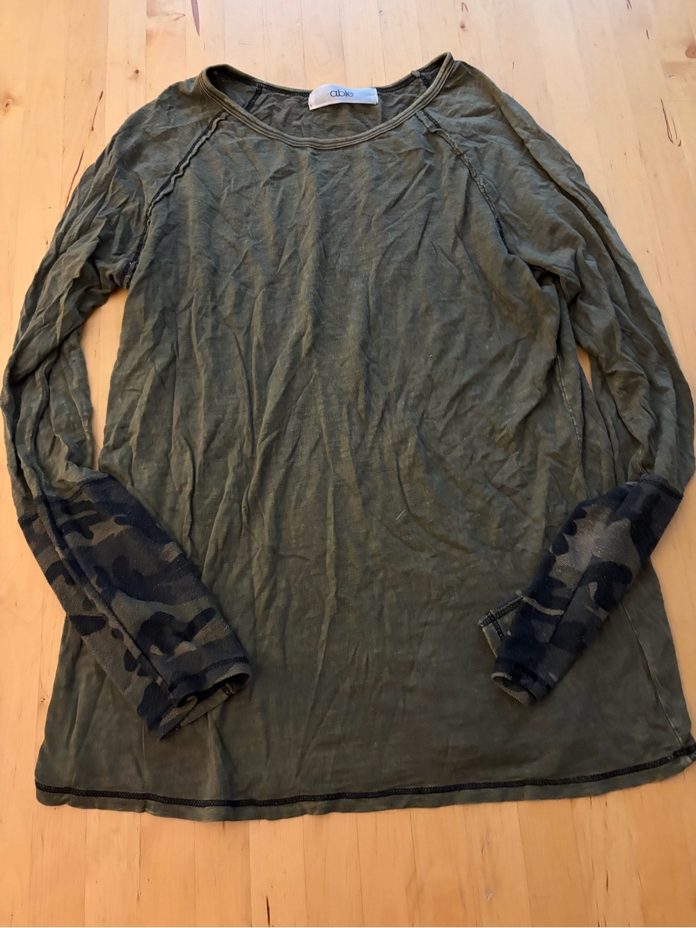 Able Olive Long Sleeve Crewneck with Camouflage Sleeve Panels